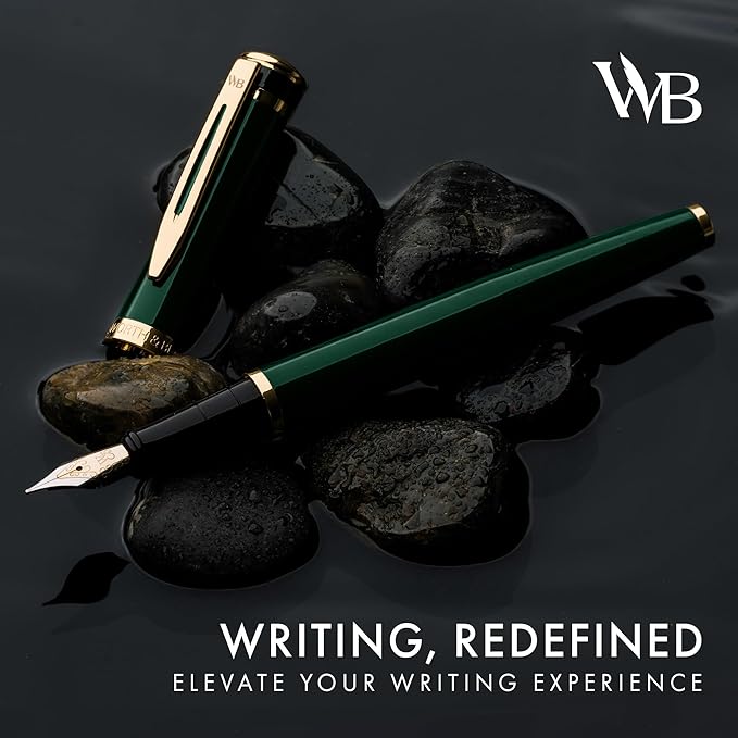 Wordsworth & Black Fountain Pen Set, 18K Gilded Medium Nib, Includes 24 Pack Ink Cartridges, Ink Refill Converter & Gift Pouch, Gold Finish, Calligraphy, [Racing Green], Perfect for Men & Women