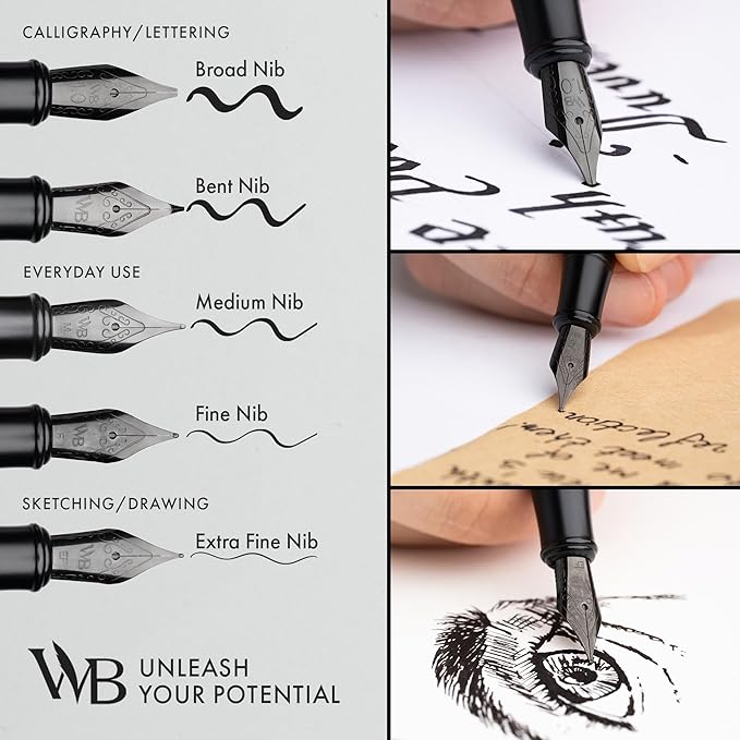 Wordsworth & Black Fountain Pen Set, Broad Nib, Includes 24 Pack Ink Cartridges, Ink Refill Converter & Gift Box, Calligraphy, [All Black], Perfect for Men & Women