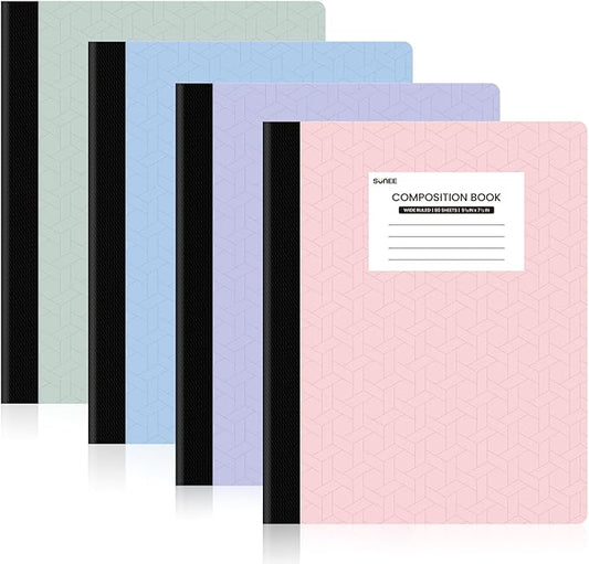 SUNEE Composition Notebooks - Wide Ruled Paper, 4 Pack Composition Book, 9 3/4" x 7 1/2", 80 Sheets/160 Pages, Assorted Colors, School & Office Supplies