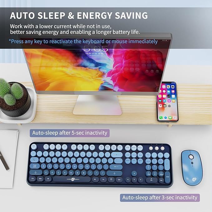 FOPETT Wireless Keyboard and Mouse Combo - 2.4G Full-Sized Cute Colorful Mouse and Keyboard with 104 Round Keys Retro Typewriter Keyboard for Laptop/Windows/PC - Blue Gradient