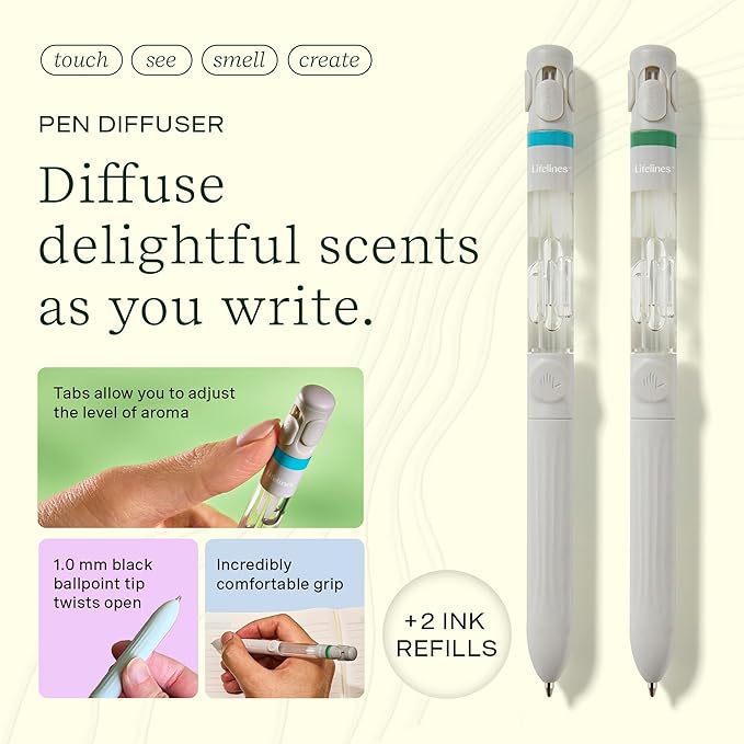 Lifelines Pen Diffuser Set, 2-Pack (Crisp Mountain Air & Walk in the Woods) - 1mm Black Ballpoint Pens with Scented Essential Oil Blends – Aromatherapy Diffuser & Sensory Immersion Diffuse Aroma