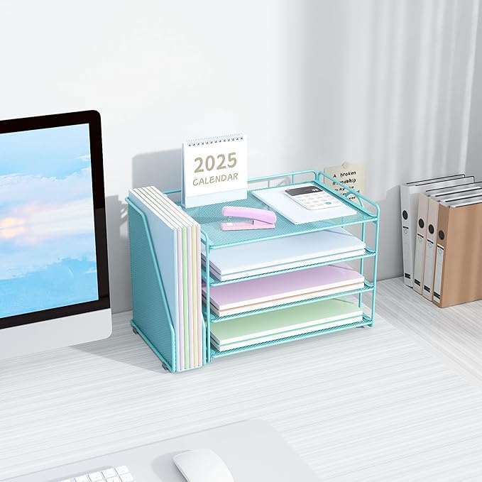 Spacrea Desk Organizers and Accessories, Paper Organizer for Desk with File Organizer, Desk Accessories & Workspace Organizers for Office Supplies (Blue)