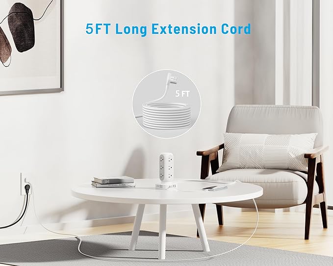 Tower Power Strip with Surge Protection, Flat Plug Outlet Extender with 12 AC Outlets & 8 USB Ports, 5 FT Extension Cord with Multiple Outlets, 24W Total Charging Station for Home Office Dorm Room