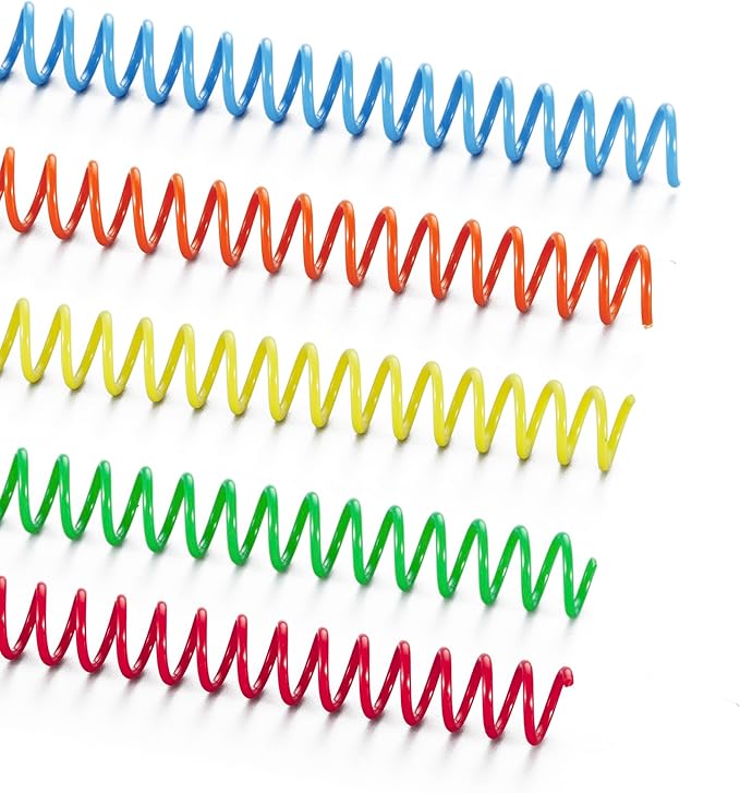 TOTiyea 50 Pack Plastic Spiral Binding Coils, 3/8 Inch (10mm), 4:1 Pitch, Assorted Colors, Plastic Binding Spirals (Red, Orange, Yellow, Blue, and Green)
