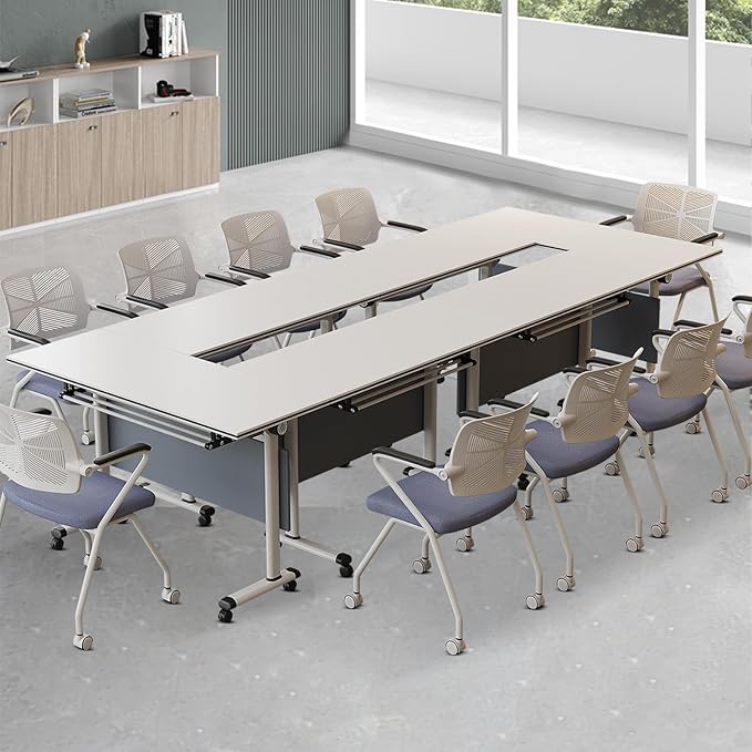 Folding Conference Table, Modern Large Conference Room Tables with Flip-Top Design, Foldable Conference Table Meeting Table with Wheels, Mobile Seminar Training Tables for Office Classroom (4, Gray)