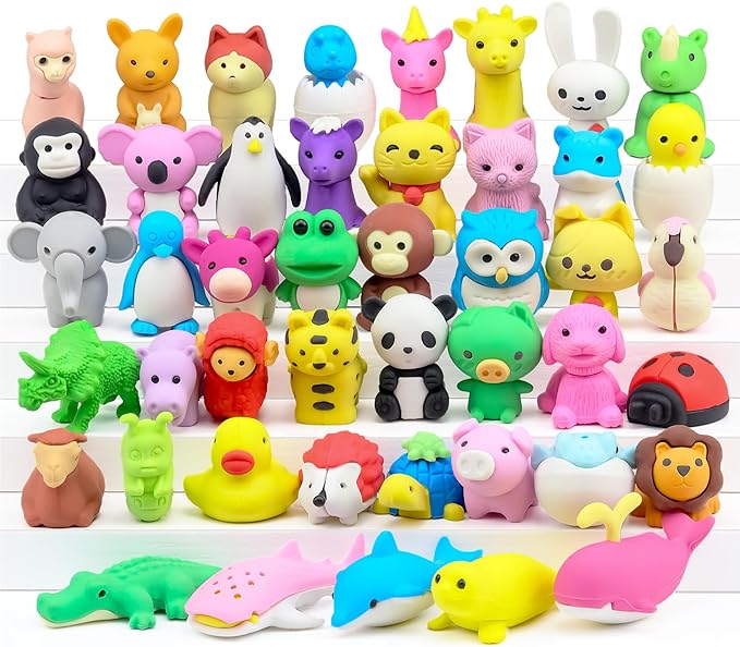 Animal Erasers for Kids, 45 Pcs Pencil Erasers Bulk Mini Animal Erasers Treasure Box Toys for Classroom Prizes School Supplies Party Favors