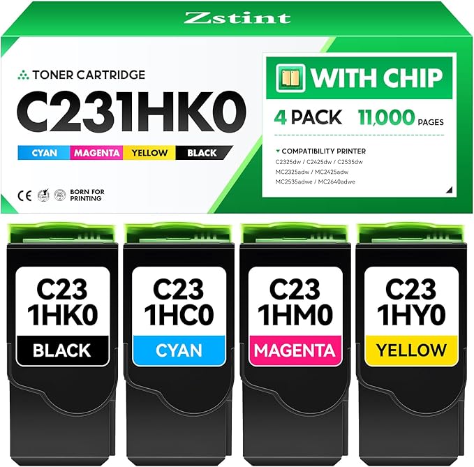 C231HK0 C231HC0 C231HM0 C231HY0 Toner Cartridge Set 4-Pack High Yield Replacement Compatible for Lexmark Color C2325dw C2425dw C2535dw MC2325adw MC2425adw MC2535adwe MC2640adwe Laser Printer Ink Black