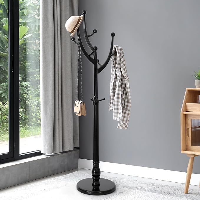 Coat Rack Freestanding Coat Tree with Sturdy Round Base, Unique Coat Hanger Stand, Heavy Duty Standing Coat Rack Clothes Stand for Winter Jacket, Hat, Entryway/Hallway/Bedroom, Black