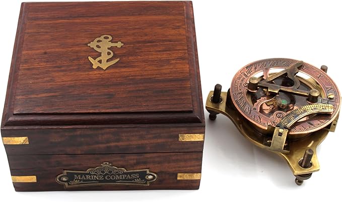 HanVintage Marine WEST London Antique 2.5" Brass Sundial Compass – Nautical Decor, Vintage Big Brass Triangle Sundial with Adjustable Screw Legs, Maritime Gift