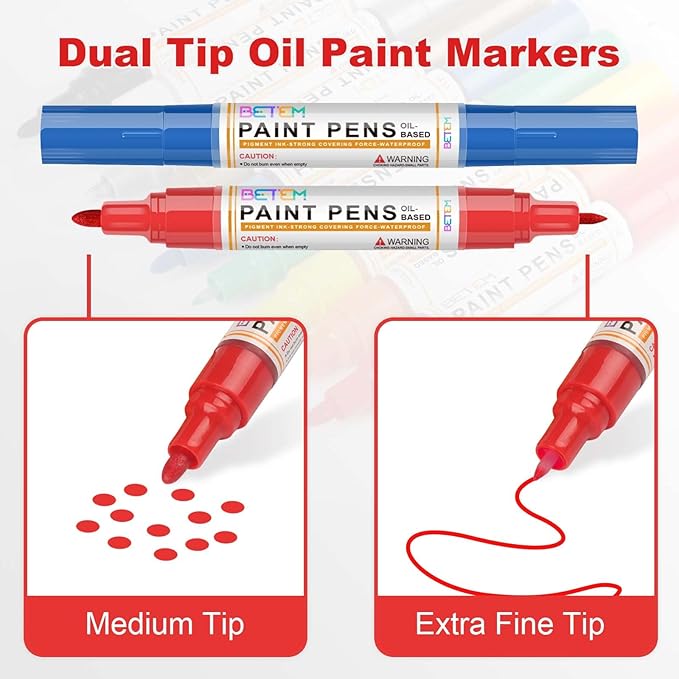 Betem 9 Colors Dual Tip Oil Based Paint Markers Acrylic Paint Pens(0.7mm & 3mm),Permanent,Waterproof,Quick Dry,for Rock Painting,Wood,Plastic,Metal,Canvas,Glass,DIY Crafts,Art Supplies