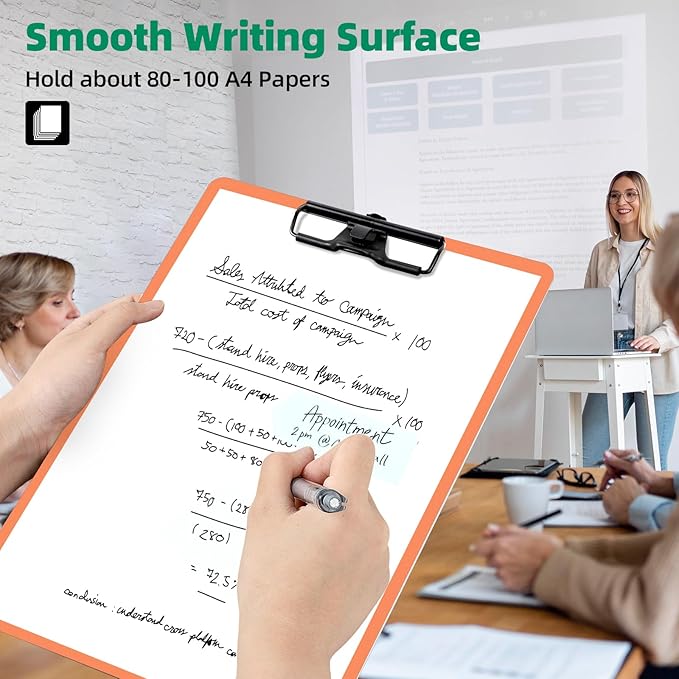 Clipboard with Pen Holder, Plastic Clipboard with Low Profile Metal Clip, Hanging Clipboards Holds 8.5x11 Inch Papers, Standard A4 Letter Size Clip Board for Office & School, Orange