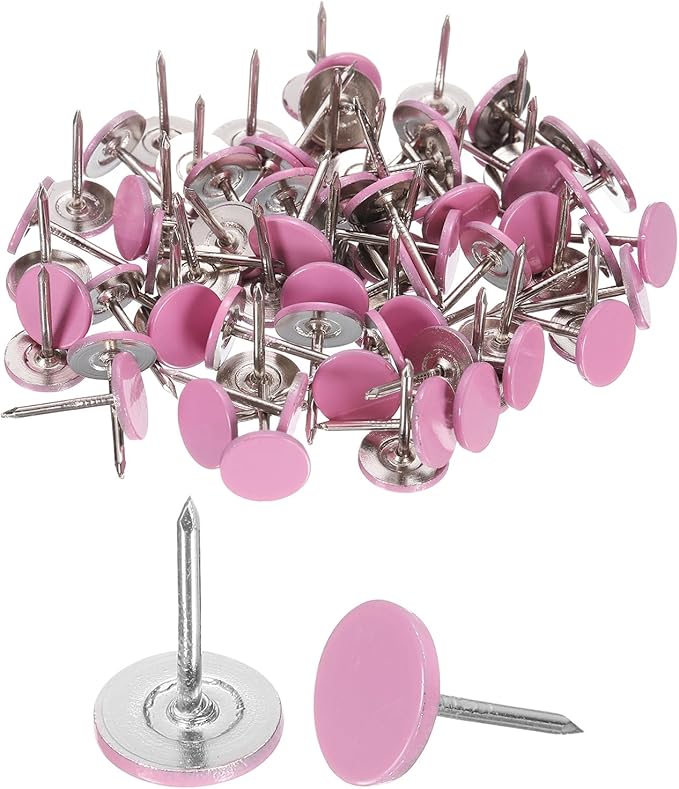 uxcell 100Pcs Upholstery Tacks, 11mmx17mm Flat Head Thumb Tack Decorative Furniture Nails Push Pins for Furniture Sofa Headboards, Pink