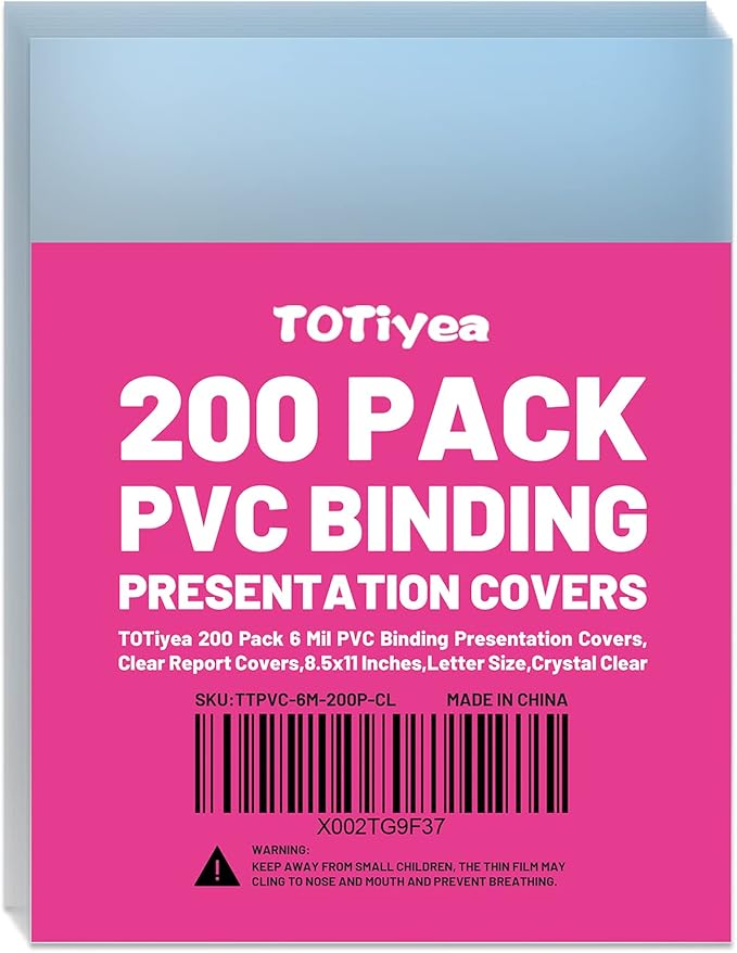 TOTiyea 200 Pack 6 Mil PVC Binding Presentation Covers, Clear Report Covers for Binding,8.5x11 Inches,Letter Size