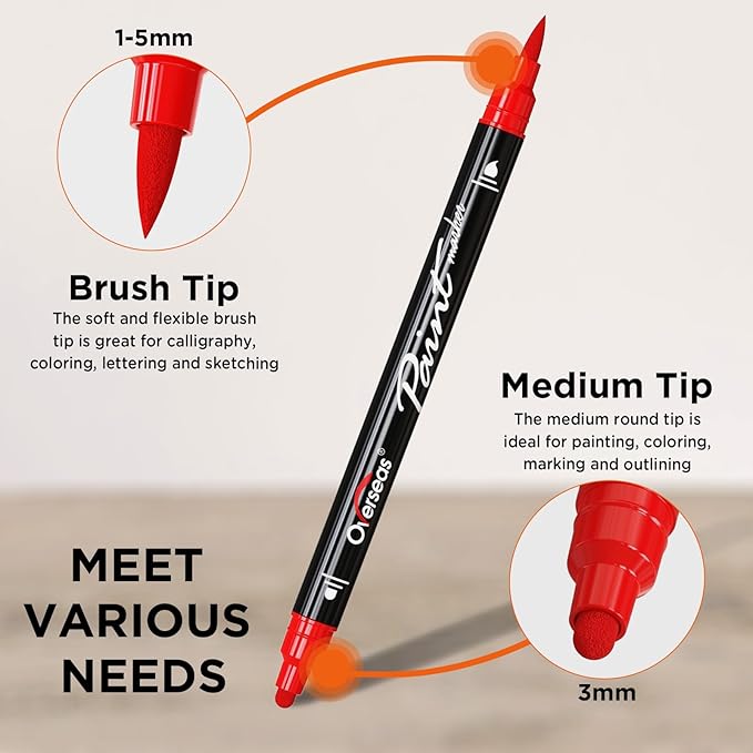 Overseas Red Acrylic Paint Markers, 2 Pack Dual Tip Paint Pens Acrylic Markers with Dot and Brush Tip, Coloring Marker for Wood, Rock, Canvas, Glass, Metal, Ceramic, Plastic, Fabric, School Supplies