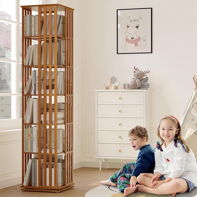 Rotating Bookshelf Tower, 360 Display Spinning Bookcase, Bamboo Bookshelf Floor Standing Storage Rack, Wood Narrow Book Shelf Organizer for Kids&Adults, Walnut 6 Tier