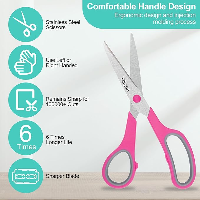 Purple Scissors Pack, Rkqoa 8" Scissors All Purpose - Comfort-Grip Sharp Shears for Office School Sewing Fabric Craft Art Supplies, Teacher/Class Everyday use, Classroom Must have