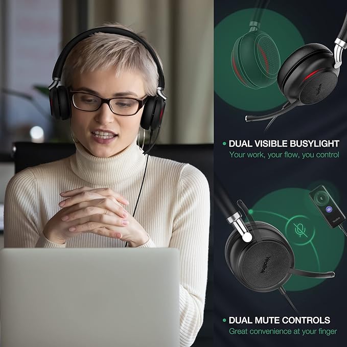 Yealink UH38 Bluetooth USB Wired Headset, Work Headset with Noise Cancelling Microphone, Teams Certified, Comfort Fit, Dual Connect for PC Computer & Mobile Devices, Dual Busylight