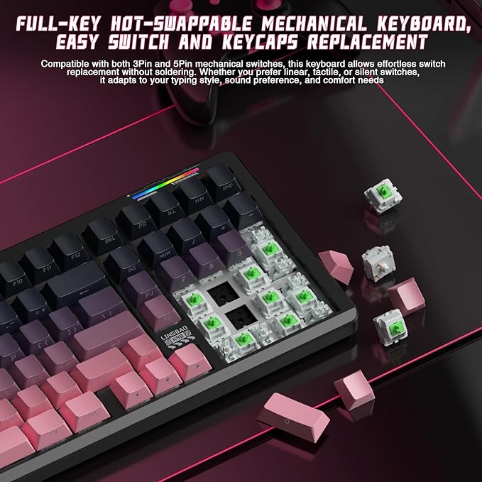 LINGBAO K98 Wireless Mechanical Gaming Keyboard, 10000mAh Battery Tri-Mode BT5.0/2.4GHz/USB-C, Gasket Custom Hot-Swappable Linear Switches Mechanical Keyboards, RGB Backlit Keyboard for PC Laptop