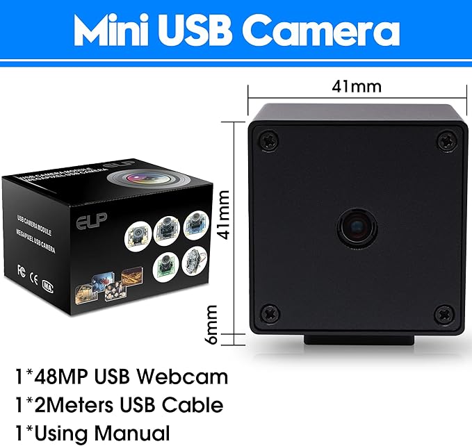 ELP 48MP Autofocus USB Camera with Metal Case for Computer Wide Angle 70degree No Distortion Lens Webcam Mini UVC USB2.0 PC Camera CCTV Video Industrial Lightburn Camera for Raspberry pi Jetson Nano