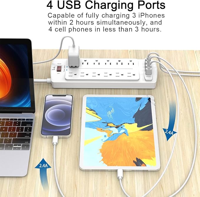 Power Strip, Tcstei Surge Protector with 12 Outlets and 4 USB Ports, 20 Feet Extension Cord (1875W/15A) for Home, Office, Dorm Essentials, 2700 Joules, ETL Listed, White