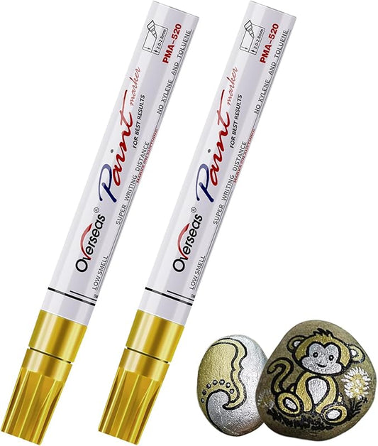 Overseas Permanent Paint Pens Gold Markers - 2 Pack Metallic Oil Based Paint Markers, Medium Tip, Quick Drying and Waterproof Marker Pen for Metal, Rock Painting, Wood, Plastic, Canvas, Mugs