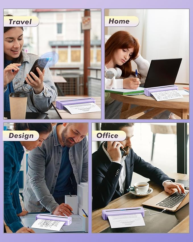COLORWING Portable Printers Wireless for Travel, 300DPI Mini Compact Inkless Printer, Thermal Bluetooth Printer Compatible with Android and iOS Smartphone & Tablet & Laptop - Purple