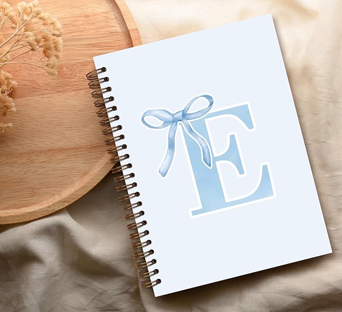 Initial E Notebook Journal,Personalized Teen Girl Gifts,Coquette Trendy Preppy Blue Bow Spiral Notebook,Monogrammed Gifts for Women Teen Girl,College Ruled Hardcover Spiral Notebook 5.5 x 8.3