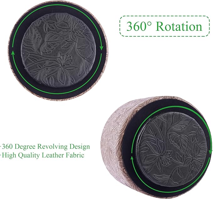 lizimandu Round Leather Art Supply Organizer,Remote Control Holder,360 Degree Spinning,Multi-Functional Pencil Holder,4 Compartments Desktop Stationary Organizer(1-Carved Wood Beige)