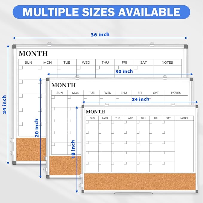 Monthly Calendar Whiteboard Dry Erase Cork Board Combo for Wall, 36" x 24" Magnetic Double-Sided Calendar White Board and Bulletin Board, Portable Board for Office, Kitchen, School, Home