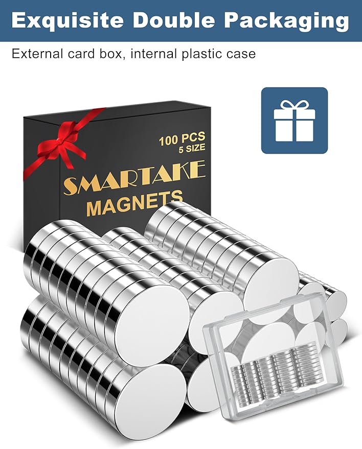 SMARTAKE 100 Pcs Rare Earth Magnets, 5-Size Multi-Use Premium Neodymium Fridge Magnets, for Refrigerator, Office, Whiteboard, Crafts, DIY Hobbies, Kitchen, Science, Billboard (Silver)