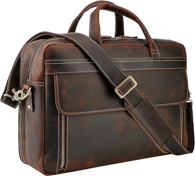 Masa Kawa Leather Briefcase for Men 15.6" - 17" Laptop Computer Case Business Travel Work Messenger Cross Body Shoulder Bag
