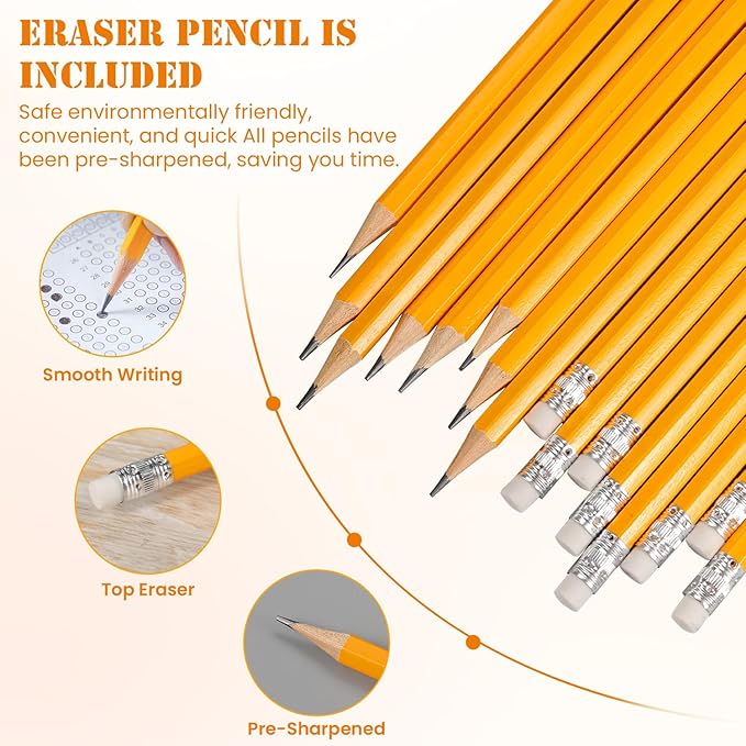 Pencils Pre-Sharpened #2 Pencil with Erasers, Yellow,7.5in 300 Pack