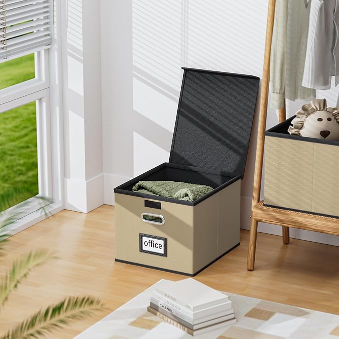 Huolewa Portable Leather File Organizer Boxes with Lids, Office Document Boxes Organizer, Filing Boxes, Decorative Small File Boxes for Hanging Files with Plastic Slide for Office/Decor/Home