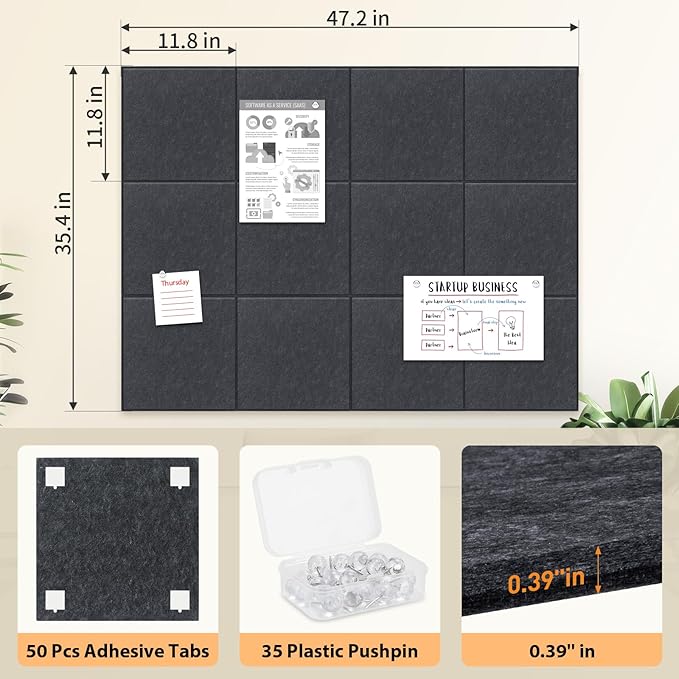 Smarpau Bulletin Board Large Cork Board for Walls 48"x36", 12 Pack Pin Board Felt Board with 35 Pushpins 50 Removable Security Stickers, Cork Boards for Office Home School Decor (Deel Grey)