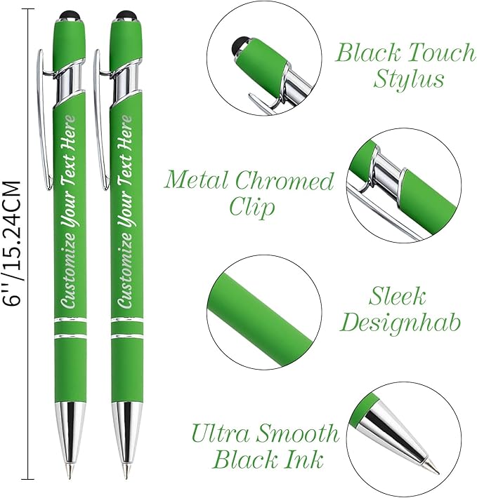 Personalized Pens Bulk 30 with Name Custom Engraving Ballpoint Pens with Stylus Tip Customized Smooth Writing Pens Personalized Gifts for Anniversary Birthday or Graduation(Light Green,Black Ink)