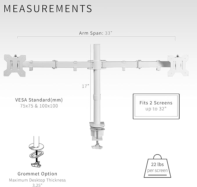VIVO Dual Monitor Desk Mount, Heavy Duty Fully Adjustable Stand, Fits 2 LCD LED Screens up to 32 inches, White, STAND-V032W