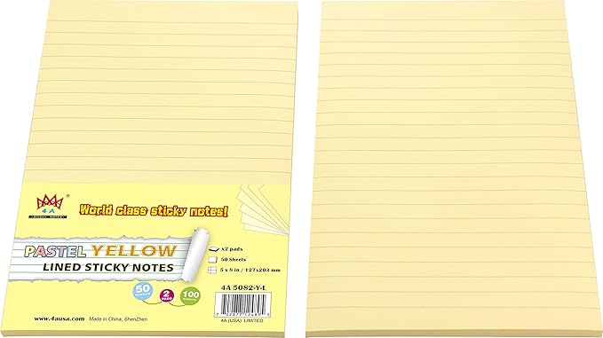 2 Pads Lined Sticky Notes 5 x 8 in, Pastel Yellow, Large Sticky Notes with Lines, Yellow Sticky Note Pads for Home, Office, School, 50 Sheets/Pad, 100 Sheets Total, 4A 5082-Y-L