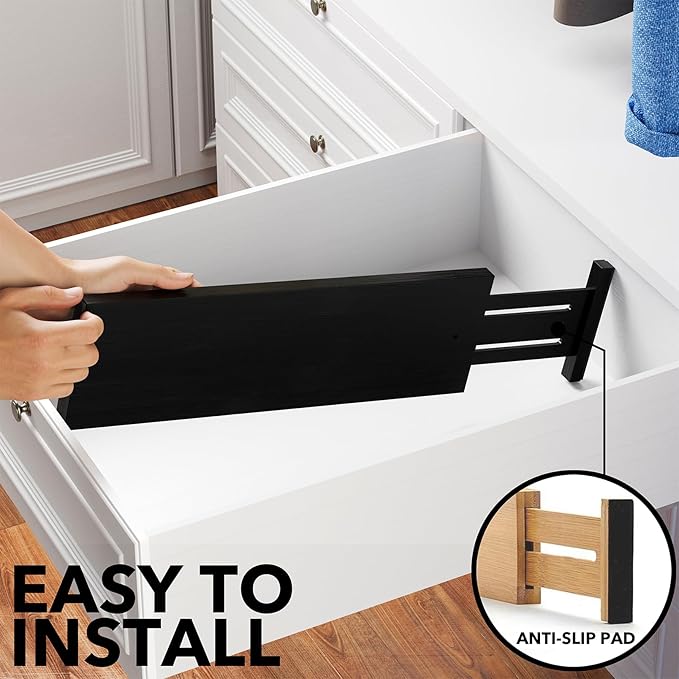 SpaceAid Bamboo Dresser Drawer Dividers 6 Pack, 4.65“ High Adjustable 17“-22” Drawer Organizers, Expandable Organization for Clothing, Clothes, Dressers, Black