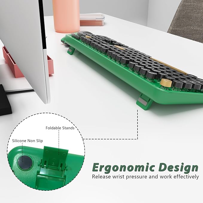 Wireless Keyboard,KOOTOP Cute Colorful 104 Keys Typewriter Retro Round Keycaps Keyboard for PC Laptop,Desktop,Windows, Home and Office Keyboards (Black Green)