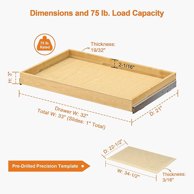 ALINE FURNITURE Birch Pull Out Drawers for Cabinets, 32" W x 21" D Slide Out Shelves for Kitchen Cabinets, Fits 33" Opening, Soft-Close 75-lb Slides, with Pre-Drilled Wood Template, Cabinet Organizer