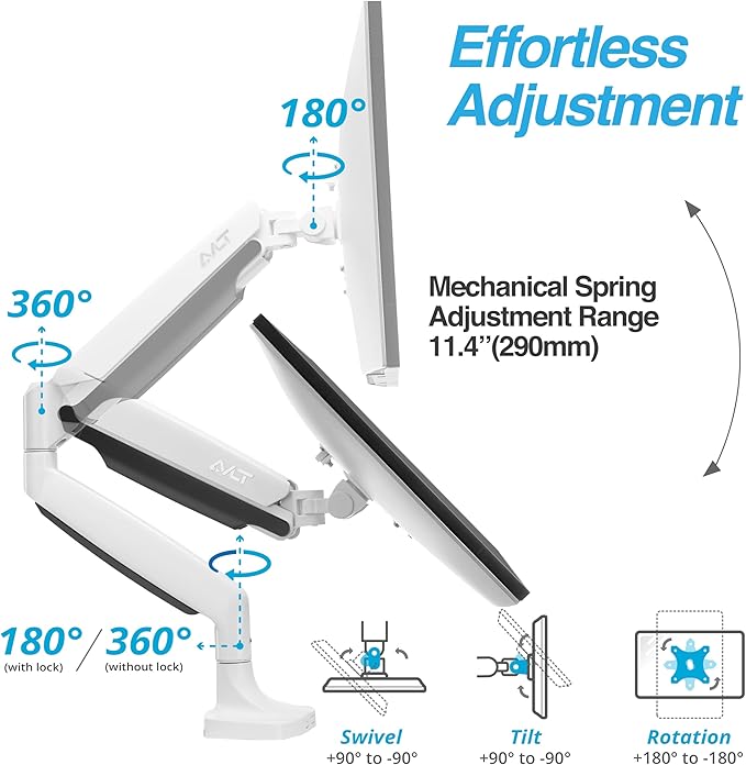 AVLT Single 17"-45" Monitor Arm Desk Mount Premium Mechanical Spring fits One Flat/Curved/Ultrawide Monitor Full Motion Height Swivel Tilt Rotation Adjustable, White