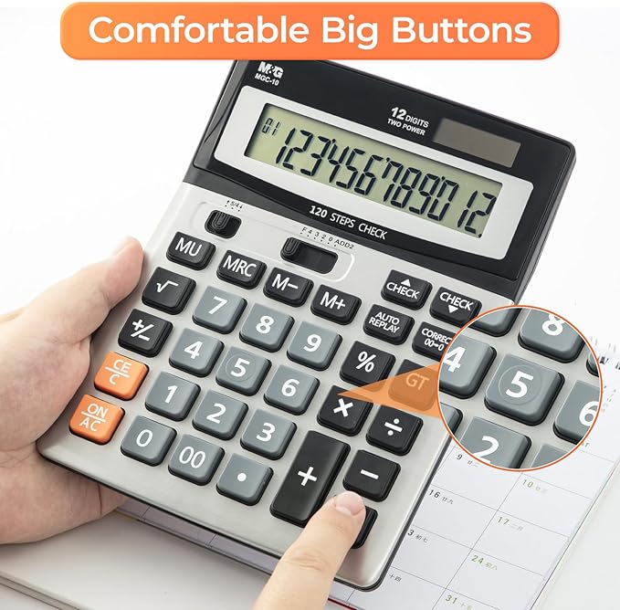 M&G Desk Calculator 12 Digit Extra Large LCD Display Calculators with Check & Correct, Dual Solar Power and Battery, Multi-Functional Financial Office Business Calculator with Big Buttons