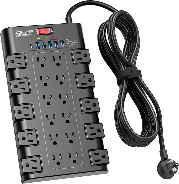 Power Strip Surge Protector, SUPERDANNY 15Ft Long Extension Cord with 6 USB Charging Ports and 22 AC Outlets, 1875W/15A, 2100 Joules, Flat Plug Power Outlet for Home, Office, Dorm, Gaming Room, Black