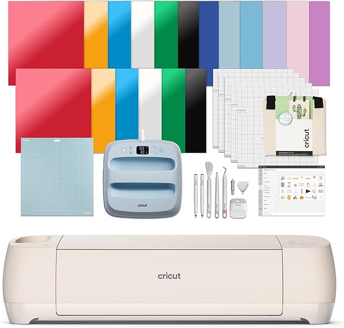 Cricut Explore 4 - Smart Cutting Machine (Seashell) | Engagement Plus Bundle - Includes EasyPress 3 Heat Press (9x9) + Mat, Tote Bag, Material Samplers, Machine Mat, Pens, Tools, & 25 Digital Images