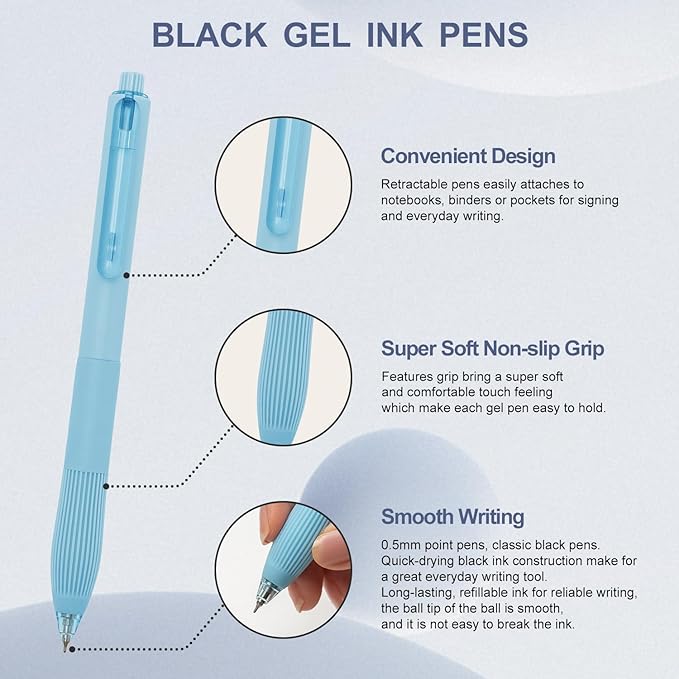 Linbsunne Gel Pens Black Ink Pens for Office 0.5mm Fine Point Pens Smooth Writing Retractable Work Pen (Macaron 12 pcs)