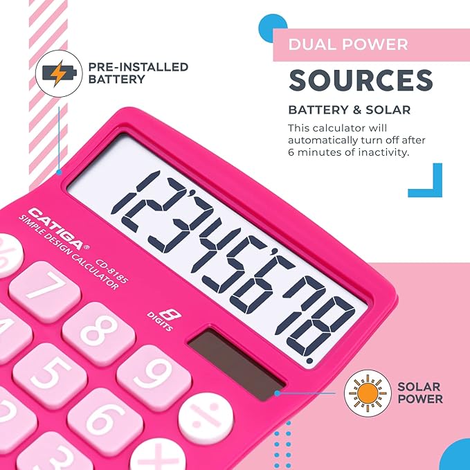 CATIGA Desktop Calculator 8 Digit with Solar Power and Easy to Read LCD Display, Big Buttons, for Home, Office, School, Class and Business, 4 Function Small Basic Calculators for Desk, CD-8185