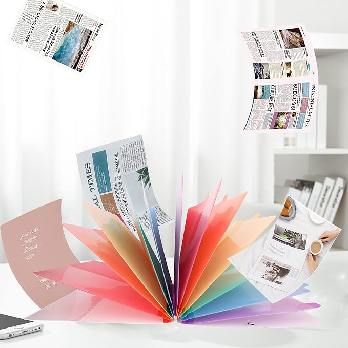 Rainbow Tab Expanding File Folder - 24 Pockets, Durable A4 Letter Size Organizer, Water-Resistant Plastic Dividers, Home/Office/School Document Holder (White）