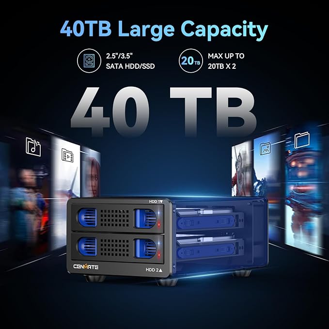 Aluminum Dual Bay Hard Drive Enclosure with Cooling Fan for 2.5“/3.5" SATA HDD/SSD with USB A/C 3.0, Support Hot Swappable, Daisy Chain Expansion, Tool-Free HDD Enclosure, DAS(NO RAID/NAS)