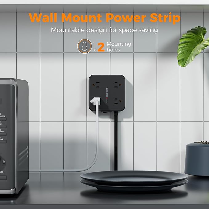 Surge Protector Power Strip, TESSAN 5 FT Black Flat Extension Cord with 8 AC Outlets 3 USB Ports (1 USB C), 900J Protection, 1875W, 3 Sided Wall Plug Extender, Desk Charging Station for Office, Dorm