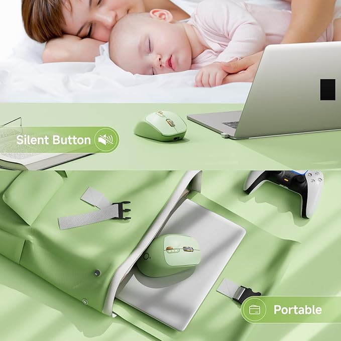 EWEADN Q5 Wireless Mouse, Bluetooth & 2.4G Quiet Computer Mouses with 1600 DPI, Battery Level Display, Ergonomic Office Mouse,6 Button Portable Cute Cordless Mice for Laptop/PC/Mac- Green